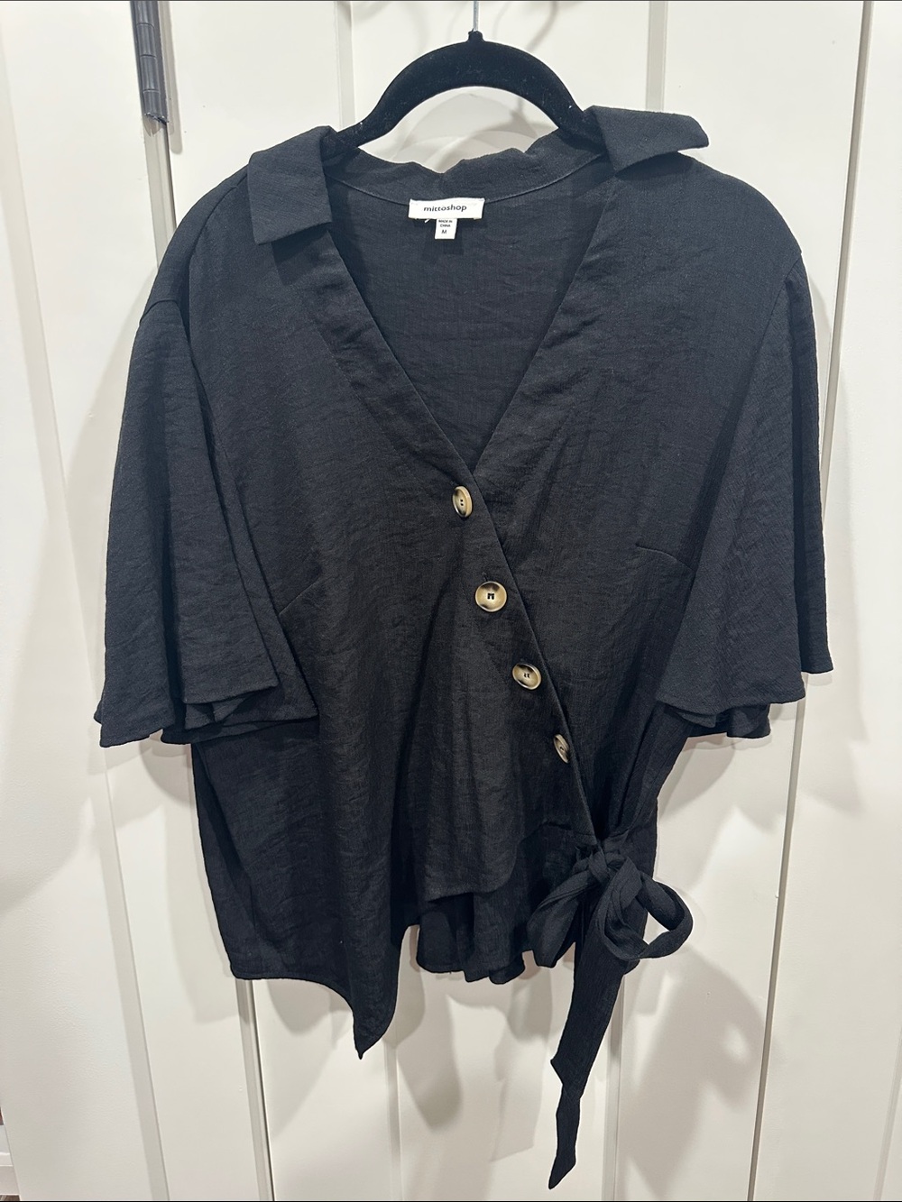 Everlane Black Wrap Blouse with Side Tie and Short Sleeves